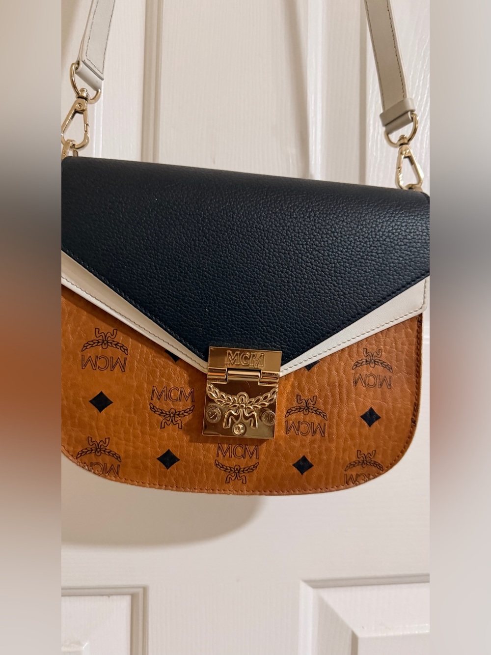 MCM Colorblock Visetos Crossbody in Cognac, Black & Cream